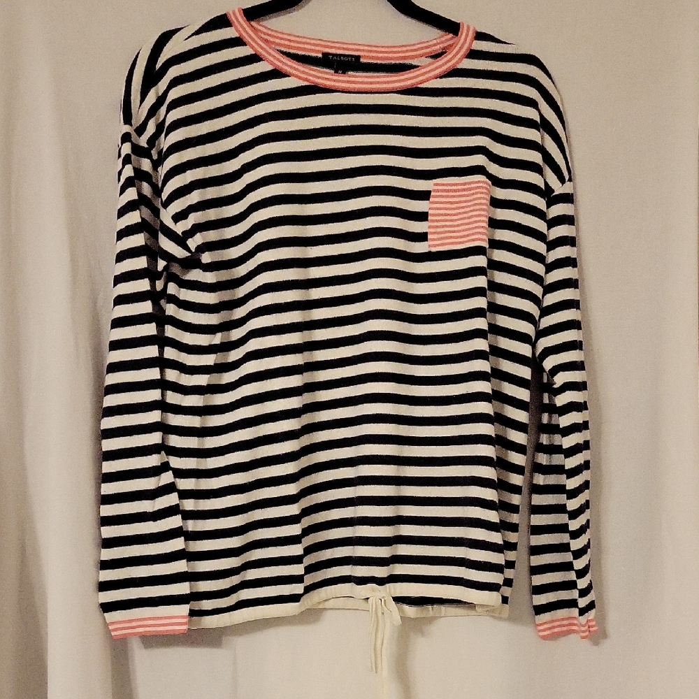 Talbots Black and White Striped Cotton and Cashmere Blend Top with Pink Trim